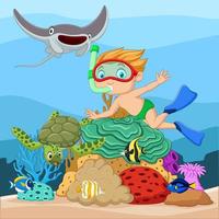 Cartoon little boy diving in underwater tropical sea vector