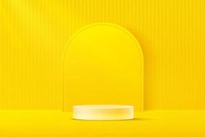 Transparent glass cylinder pedestal podium. Bright yellow minimal wall scene with geometric shape backdrop. Vector rendering 3d shape for product display presentation. Abstract room concept.