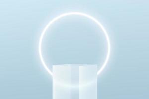 Transparent glass cube shape pedestal podium. Bright blue minimal wall scene and glowing neon ring shape. Vector rendering 3d shape for product display presentation. Pastel color abstract room.
