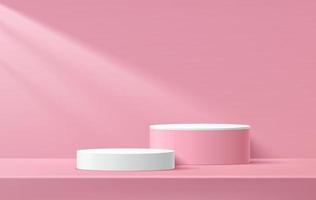 Abstract white and pink cylinder pedestal podium. Candy pink empty room, Window lighting. Vector rendering 3d shape, Product display presentation. Studio room concept, Pastel minimal wall scene