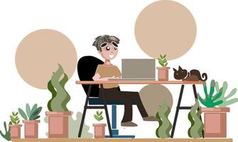 work at Home Office modern flat vector concept digital illustration home office metaphor, a freelancer guy working at home coronavirus Pandemic with mask