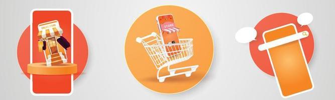 compras en línea en teléfonos inteligentes y nuevo fondo rosa de promoción de venta de compra para el concepto de mujer de comercio electrónico de mercado de banner.