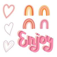 Girly rainbow, hearts and lettering phrase set. vector