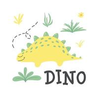 Children's poster with a cute dinosaur. Hand-drawn illustration with dino. The illustration is suitable for pints, nursery posters, postcards. Vector illustration.