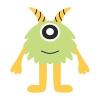 Childish cute monster. Yellow monster with one eye and horns. Drawn alien. Vector illustration.