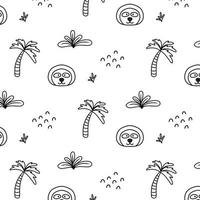 Childish pattern with cute sloth and palm tree. Doodle style. Sloth head pattern vector illustration.