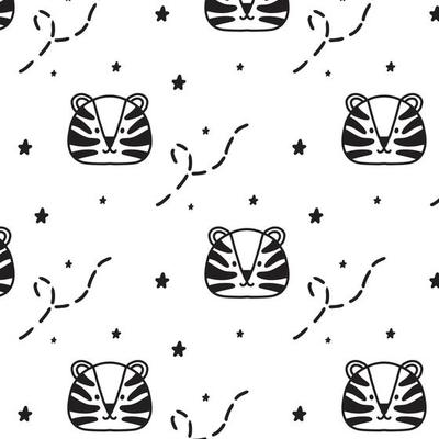 Childish seamless pattern with cute tiger. Doodle style. Pattern with tiger head and stars.Vector illustration.