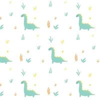 Childish pattern with dinosaurs. Hand-drawn pattern with cute dino. Vector illustration. The pattern is suitable for fabrics, wrapping paper and prints.