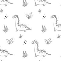 Childish pattern with dinosaurs. Hand-drawn pattern with cute dino. Vector illustration. The pattern is suitable for fabrics, wrapping paper and prints. Doodle style.