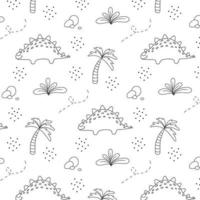 Childish pattern with dinosaurs. Hand-drawn pattern with cute dino. Vector illustration. The pattern is suitable for fabrics, wrapping paper and prints. Doodle style.