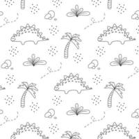 Childish pattern with dinosaurs. Hand-drawn pattern with cute dino. Vector illustration. The pattern is suitable for fabrics, wrapping paper and prints. Doodle style.