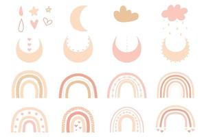 Set of elements in boho style. Rainbows, odlaka, moon, stars and more in a hand-drawn style. Vector set of children's elements.