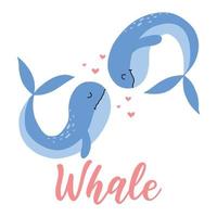 Childish hand drawn illustration of two whales. Two cute blue whales.. Vector illustration. Poster for nursery or print for clothes. Love whales.