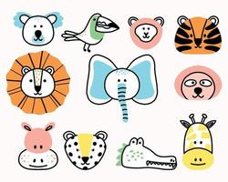 conjunto de animales para niños en estilo garabato. ilustración vectorial conjunto de animales de la selva. vector