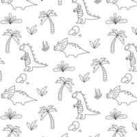 Childish pattern with dinosaurs. Hand-drawn pattern with cute dino. Vector illustration. The pattern is suitable for fabrics, wrapping paper and prints. Doodle style.