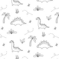 Childish pattern with dinosaurs. Hand-drawn pattern with cute dino. Vector illustration. The pattern is suitable for fabrics, wrapping paper and prints. Doodle style.