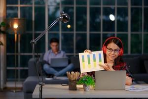 Man and woman couple sitting in living room at twilight in light from lamp and working on notebook computer, female presenting graph and chart to team or customer via laptop. Work at home concept photo
