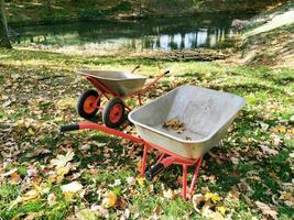 Empty metal gray wheelbarrow in the park. Collection of autumn leaves, garbage collection, sand transportation. Seasonal landscaping. photo