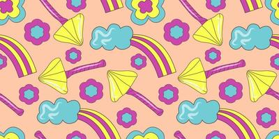 Groovy pattern in doodle style on colorful background. 70s retro floral seamless pattern with mushroom and rainbow. Simple vector groovy illustration