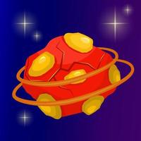 Fantasy planet cartoon with rings. Red magic round planet with stone. Cartoon vector illustration. Ui design