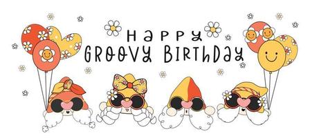 Happy groovy birthday greeting card, group of cute vintage retro gnome facelss heads with ballloons, cartoon drawing vector image illustration banner
