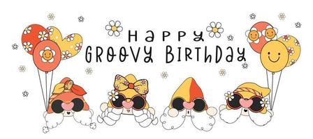 feliz tarjeta de felicitación de cumpleaños maravillosa, grupo de adorables cabezas sin rostro de gnomo retro vintage con globos, dibujo de dibujos animados imagen vectorial banner de ilustración vector