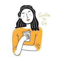 retrato de una joven feliz con una taza de café y la inscripción café contigo en un estilo de garabato lineal simple. ilustración vectorial aislada. vector