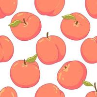 Seamless fruity cute pattern with peaches, leaves and dots on a white background. Vector illustration background.