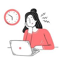 Frustration at work. An excited, exhausted girl does not have time for the deadline in line style. Vector concept illustration.