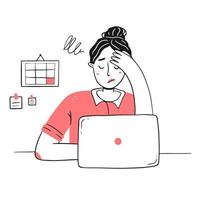 Frustration at work. Professional burnout syndrome. The tired, exhausted girl holds her head in line style. The woman does not have time for the deadline. Vector concept illustration.