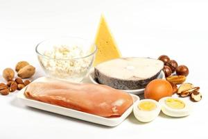 Healthy food products - fish, chicken, eggs, dairy products and nuts