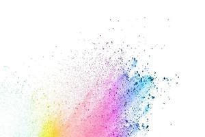 Colorful background of pastel powder explosion.Rainbow color dust splash on white background. photo