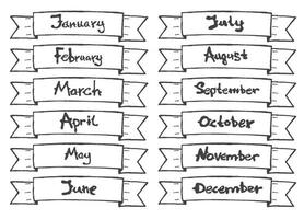 Hand drawn ribbon with months for calendar. vector