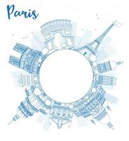 Outline Paris skyline with blue landmarks and copy space. vector