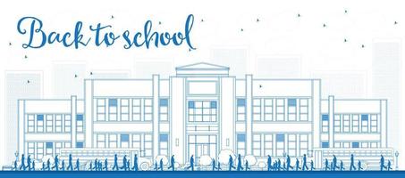 Outline Landscape with school bus, school building and people vector