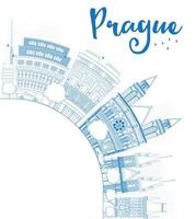 Outline Prague skyline with blue landmarks and copy space. vector