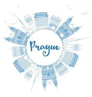 Outline Prague skyline with blue landmarks and copy space. vector