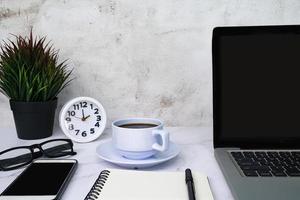 Styled stock photography white office desk table. Copy space. photo