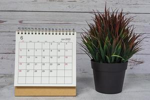calendario blanco de junio de 2022 y planta en maceta en un escritorio de madera. copie el espacio foto