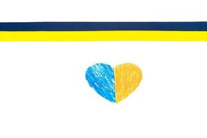 Colorful blue-yellow fabric ribbon and paper heart, painted in the color of the flag of Ukraine. isolated on white photo