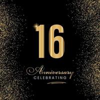 16 Year Anniversary Celebration Template Design. 16 years golden anniversary sign. Gold glitter celebration. Light bright symbol for event, invitation, award, ceremony, greeting.