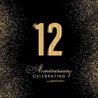 12 Year Anniversary Celebration Template Design. 12 years golden anniversary sign. Gold glitter celebration. Light bright symbol for event, invitation, award, ceremony, greeting.