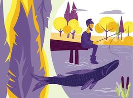 Fisherman or angler fishing on river or lake bank and forest landscape background. Recreation water sport outdoor and hobby. Leisure time activity on nature. Flat cartoon vector illustration.