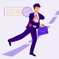 Businessman with briefcase late for work, hurrying to meeting. Man, office worker cartoon character in morning rush. Flat vector illustration isolated on white background.