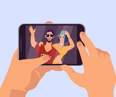 Hands with a smartphone and a photo on the screen. People take selfies. vector