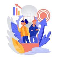 Successful start up, creative ideas and innovations. People, man and woman, business team flying in balloon, startup metaphor and power of thinking. Flat vector illustration isolated.