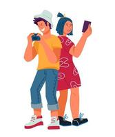 Couple of tourists, cartoon characters with gadgets, traveling and taking pictures with a camera on smartphone. Tourism and travel, outdoor activities and holidays, flat vector illustration isolated.