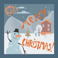 Snowman on Christmas winter landscape background with Merry Christmas wishing. Template for holiday greeting card and invitation. New Year and Xmas banner. Flat cartoon vector illustration.