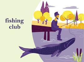 Fishing club landing page or website template - fisherman cartoon character fishing on river bank, flat vector illustration. Lake and forest landscape with angler and big fish. Sport and Leisure.