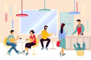 People for lunch at restaurant, cafe. Men and women cartoon character sitting at tables in cafeteria communicating, make order and barista at counter in modern cafe interior. Flat vector illustration.